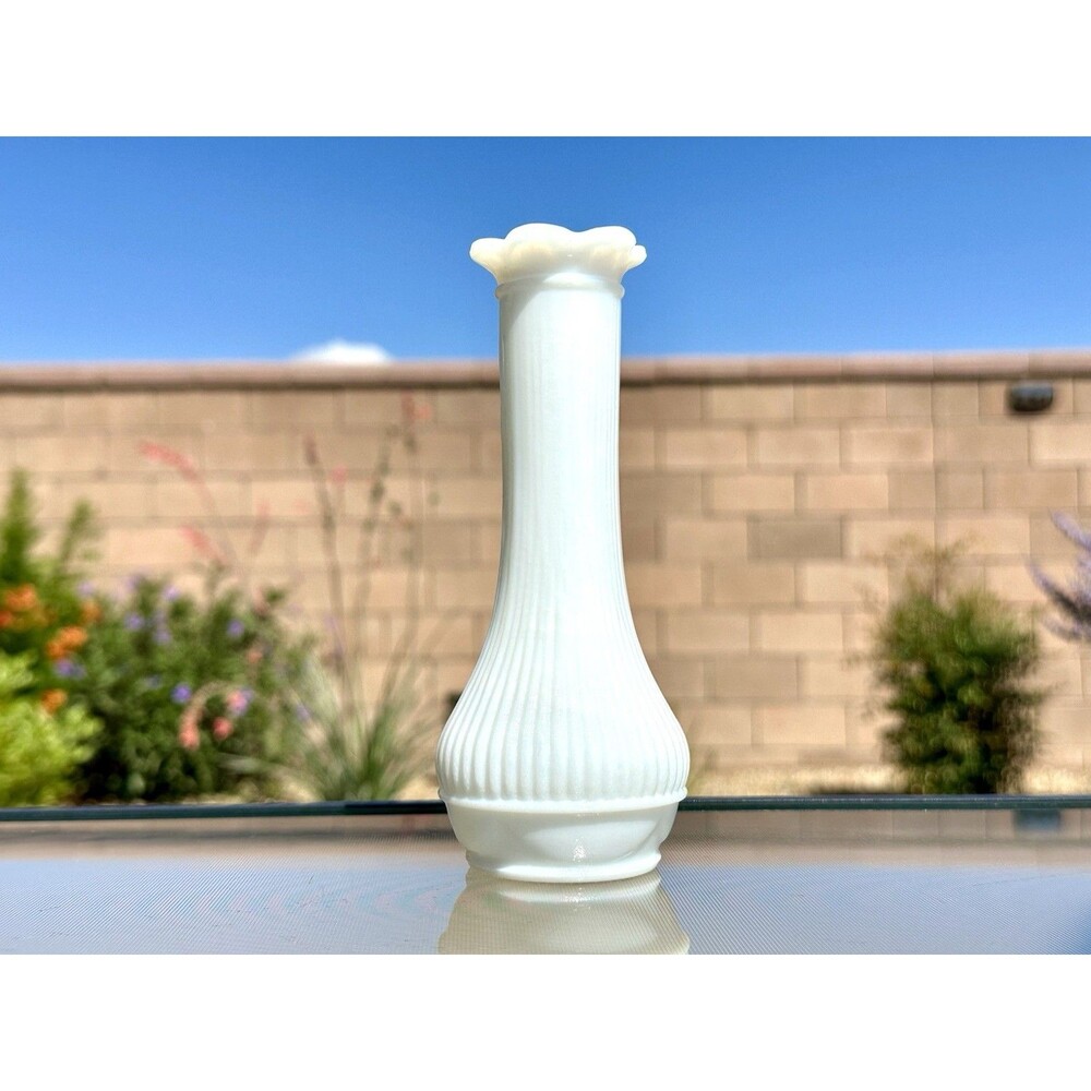 Vintage Randall Opaque Milk Glass Bud Vase Ribbed Pattern w/ Ruffle Neck 6" Tall